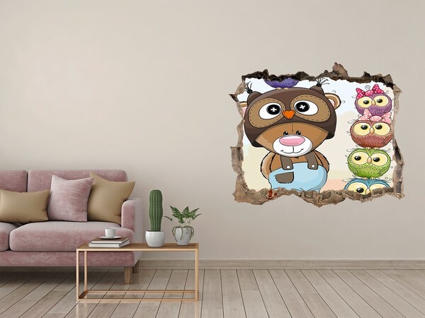 3D wall hole wallpaper Bear and owls