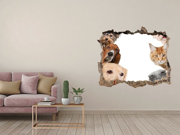 3D wall hole wallpaper Dogs and cats