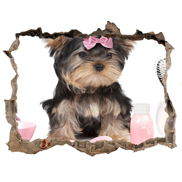 Hole wall sticker A sweet Yorkshire Terrier with a pink bow