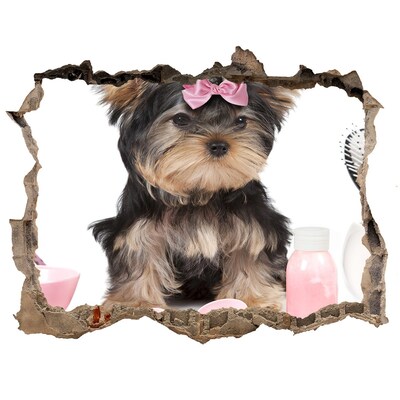 Hole wall sticker A sweet Yorkshire Terrier with a pink bow