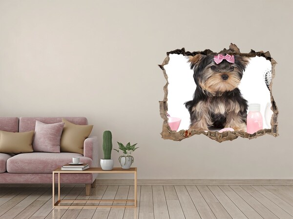 Hole wall sticker A sweet Yorkshire Terrier with a pink bow