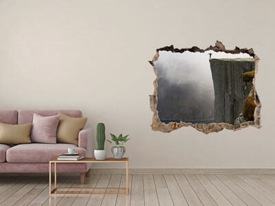 3D wall hole wallpaper View from the cliff above the fjord