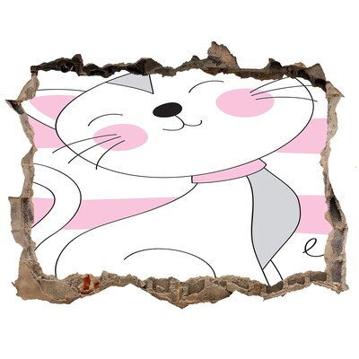 3D wall hole wallpaper White cat