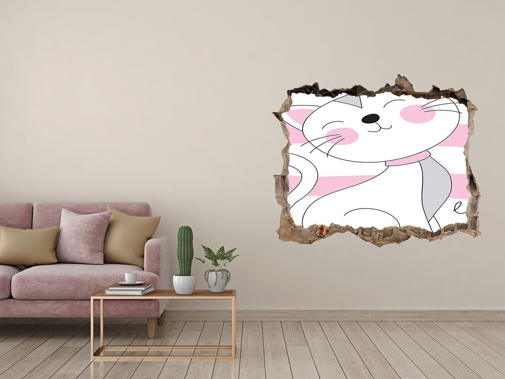 3D wall hole wallpaper White cat