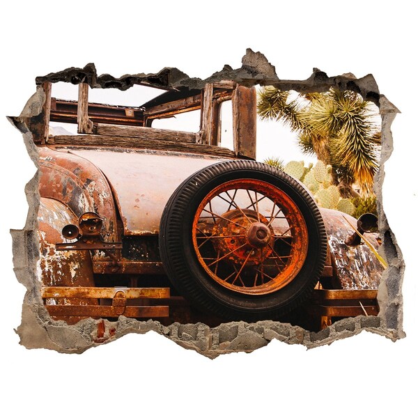 Hole wall sticker Rusty car in a desert landscape