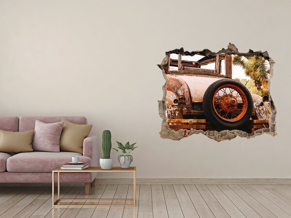 Hole wall sticker Rusty car in a desert landscape