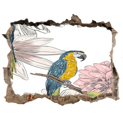 3D wall hole wallpaper A parrot surrounded by flowers