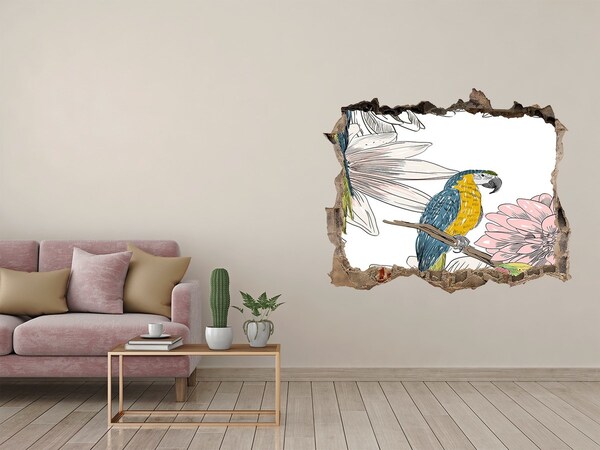3D wall hole wallpaper A parrot surrounded by flowers