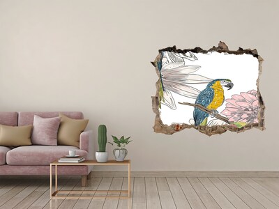 3D wall hole wallpaper A parrot surrounded by flowers