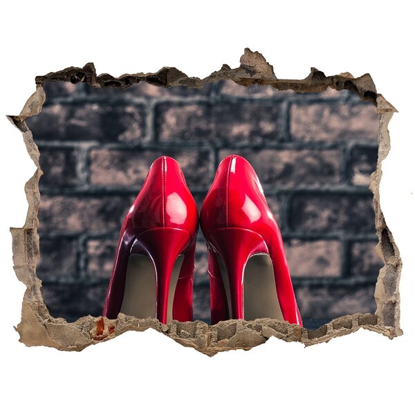 3D wall hole wallpaper Red high heels against a brick wall