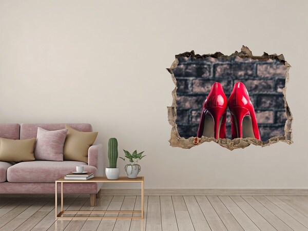 3D wall hole wallpaper Red high heels against a brick wall