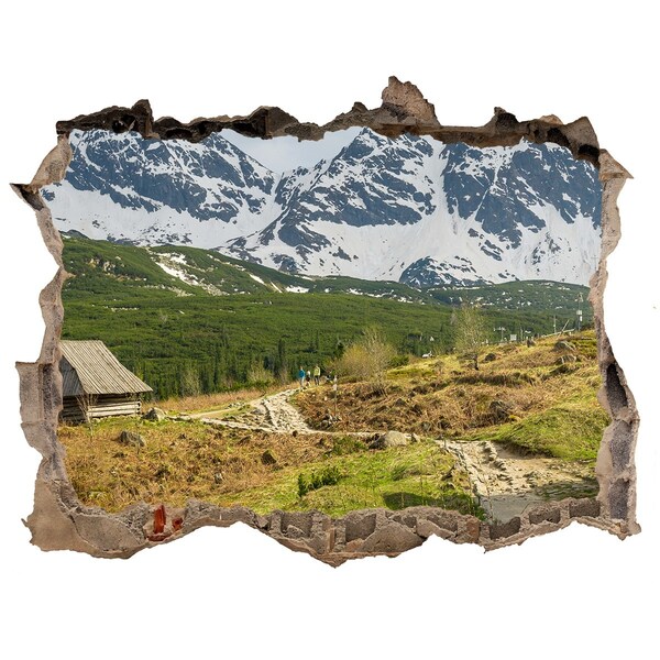 3D wall hole Mountain landscape with a village