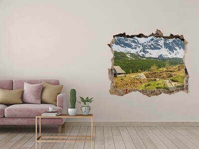 3D wall hole Mountain landscape with a village