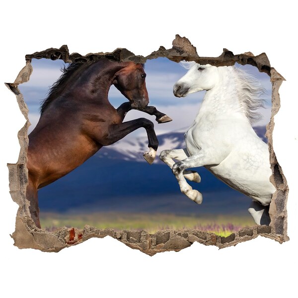 3D wall hole Fighting horses mountains