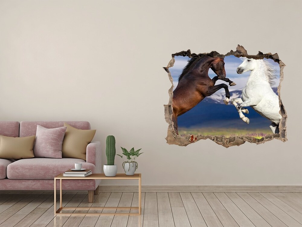 3D wall hole Fighting horses mountains