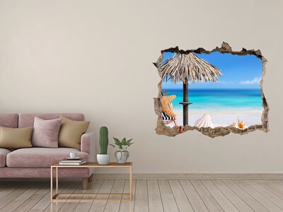 3D wall hole wallpaper Caribbean beach with shells