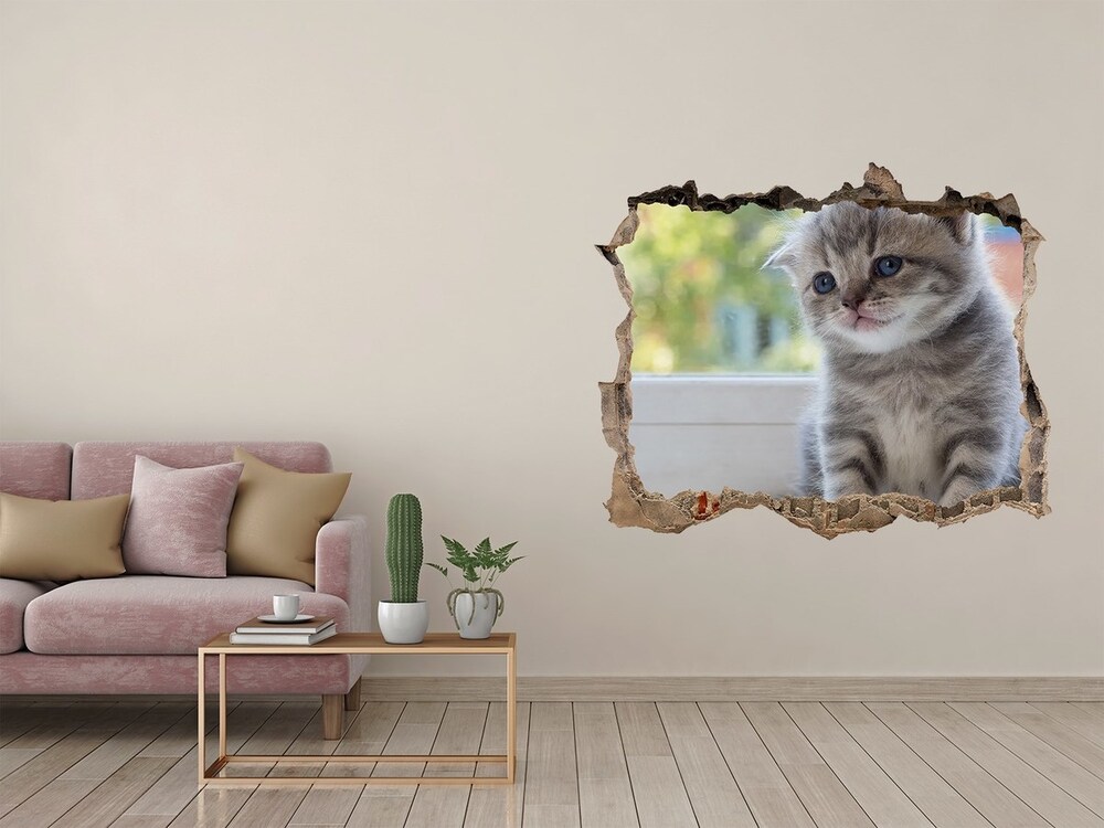 3D wall hole wallpaper Little Cat by the window