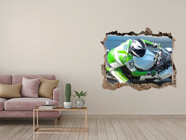 3D wall hole wallpaper Motorcycle race in action