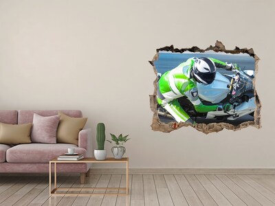 3D wall hole wallpaper Motorcycle race in action