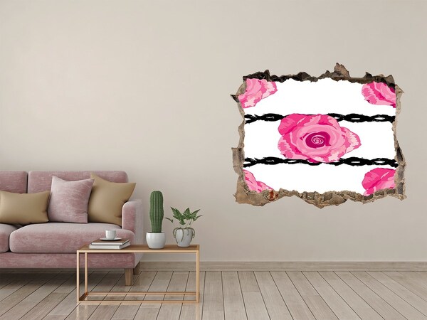 Hole wall sticker Roses behind barbed wire