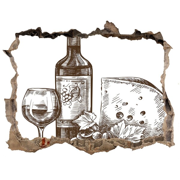 3D wall hole Wine and cheese against the backdrop of a damaged wall