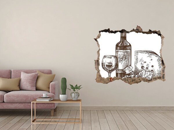 3D wall hole Wine and cheese against the backdrop of a damaged wall