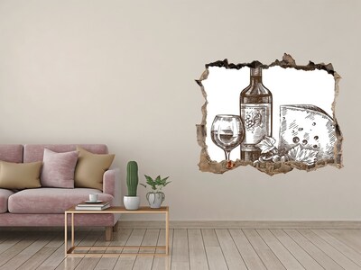 3D wall hole Wine and cheese against the backdrop of a damaged wall