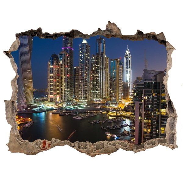 3D wall hole wallpaper View of the modern city at night
