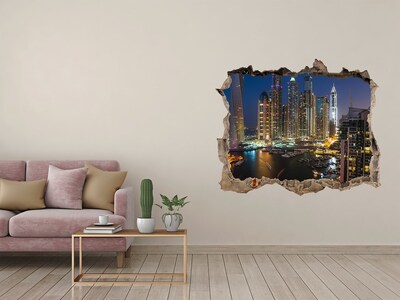 3D wall hole wallpaper View of the modern city at night