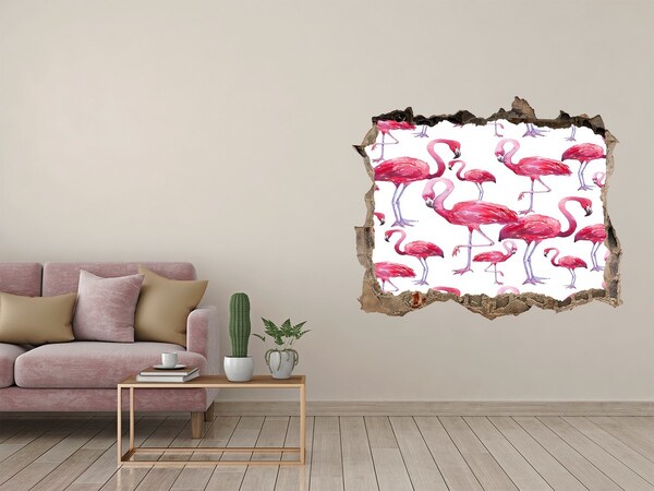 Hole in the wall decal Pink flamingos in a tropical style