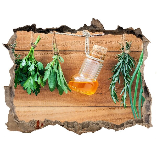 3D wall hole wallpaper Herbal oil in a rustic setting