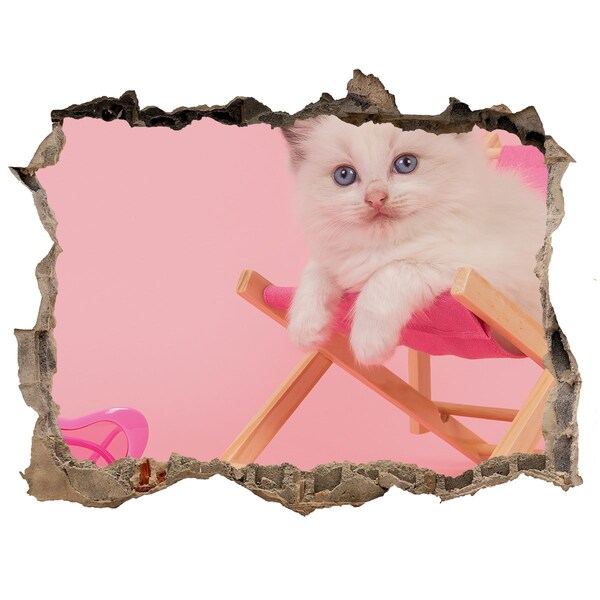 3D wall hole wallpaper Cat on a beach lounger