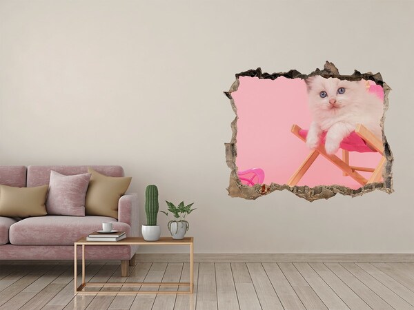 3D wall hole wallpaper Cat on a beach lounger