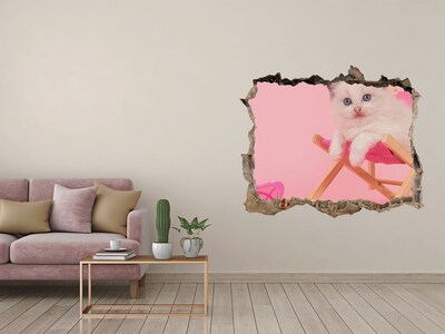3D wall hole wallpaper Cat on a beach lounger