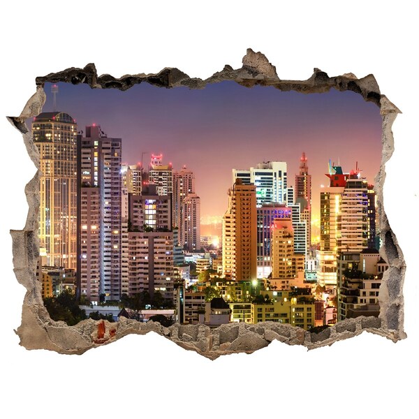 3D wall hole wallpaper View of the city at night