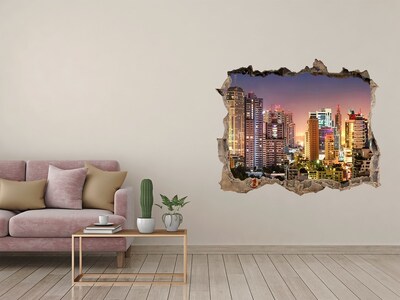 3D wall hole wallpaper View of the city at night