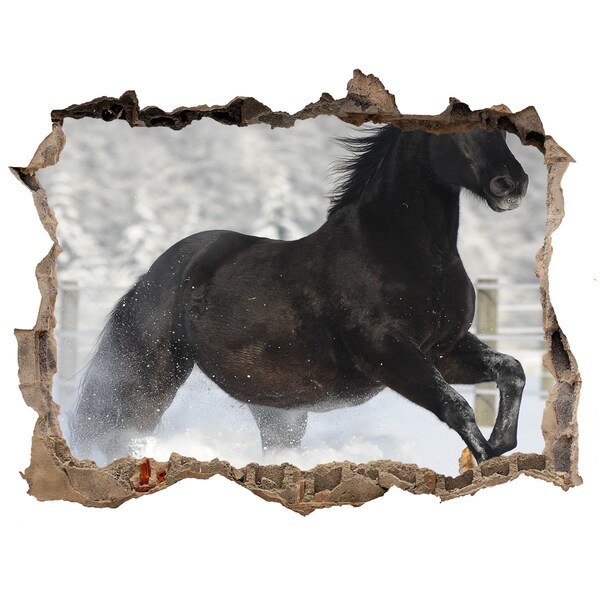 3D wall hole wallpaper A galloping horse in a winter landscape