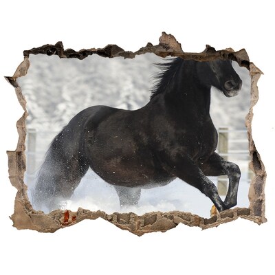 3D wall hole wallpaper A galloping horse in a winter landscape