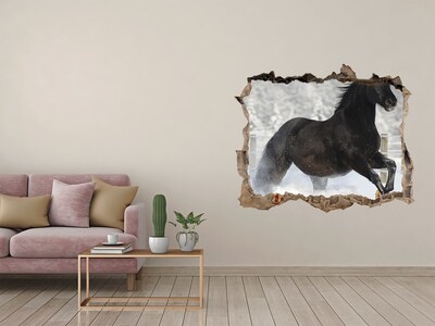 3D wall hole wallpaper A galloping horse in a winter landscape