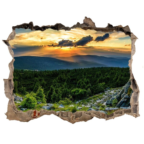 3D wall hole wallpaper Sunset in the mountains