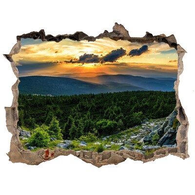 3D wall hole wallpaper Sunset in the mountains