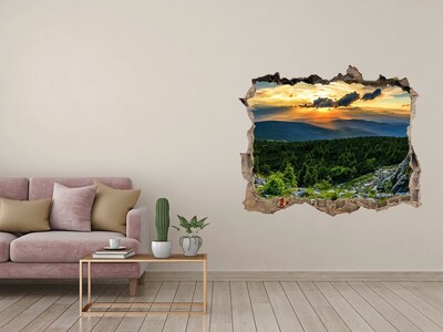3D wall hole wallpaper Sunset in the mountains