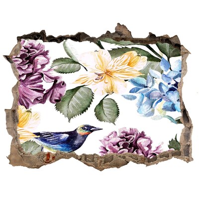 3D wall hole wallpaper Flower paradise with a bird