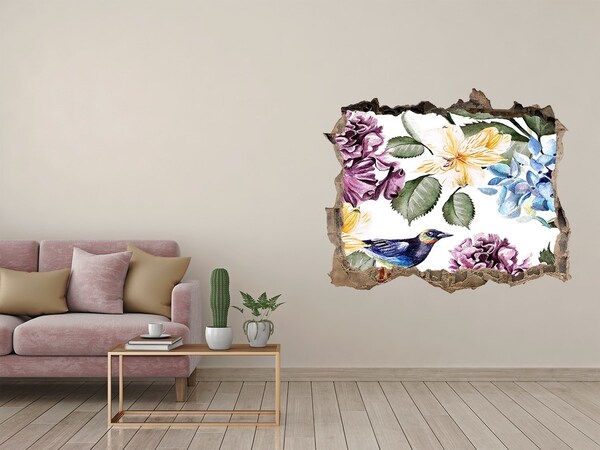 3D wall hole wallpaper Flower paradise with a bird