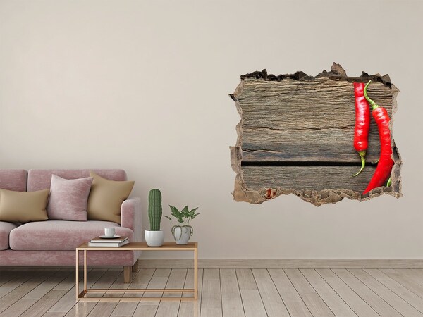 Hole in the wall sticker Chili peppers on a wooden surface