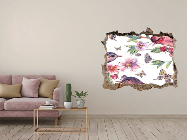 Hole in the wall sticker Birds butterflies cherries