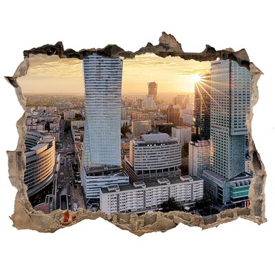 3D wall hole wallpaper View of the city at sunset