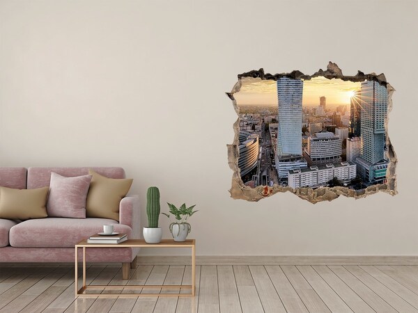 3D wall hole wallpaper View of the city at sunset