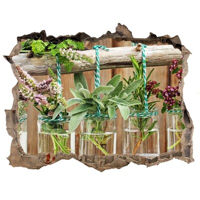 3D wall hole wallpaper Herbs in jars