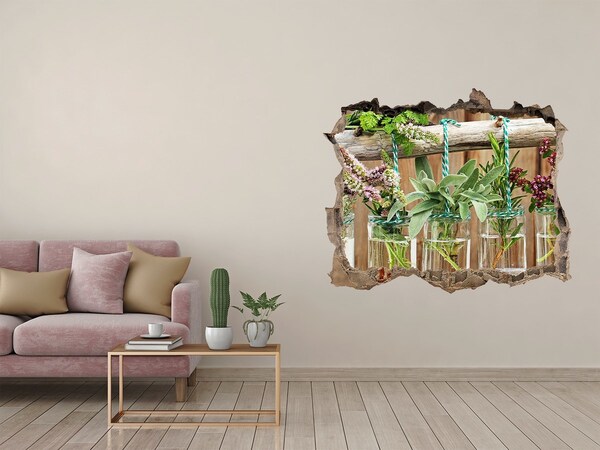 3D wall hole wallpaper Herb garden in jars